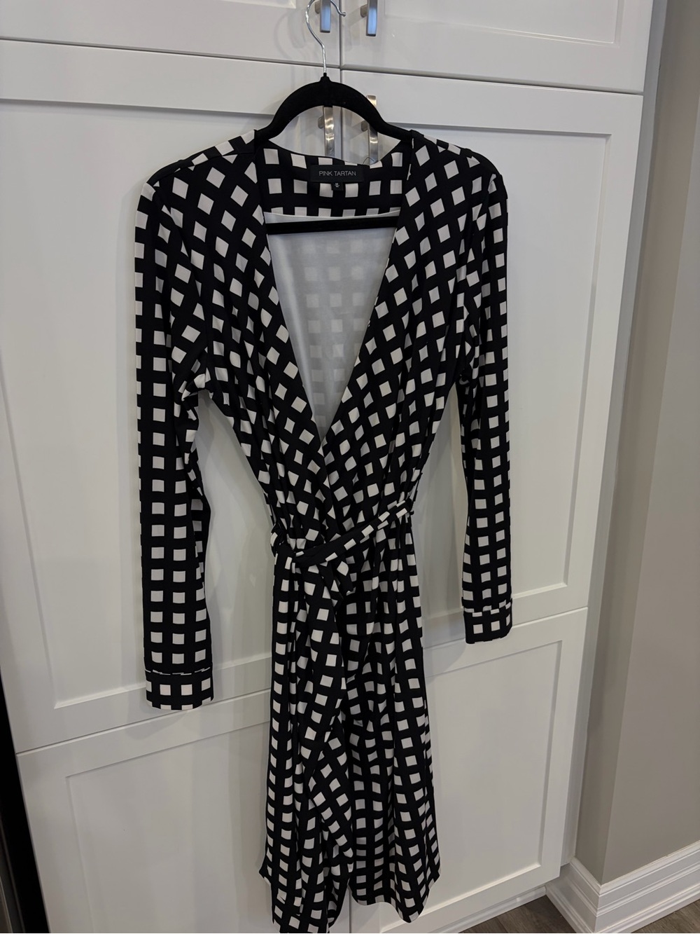 Pink Tartan Black & White Long Sleeve Wrap Dress